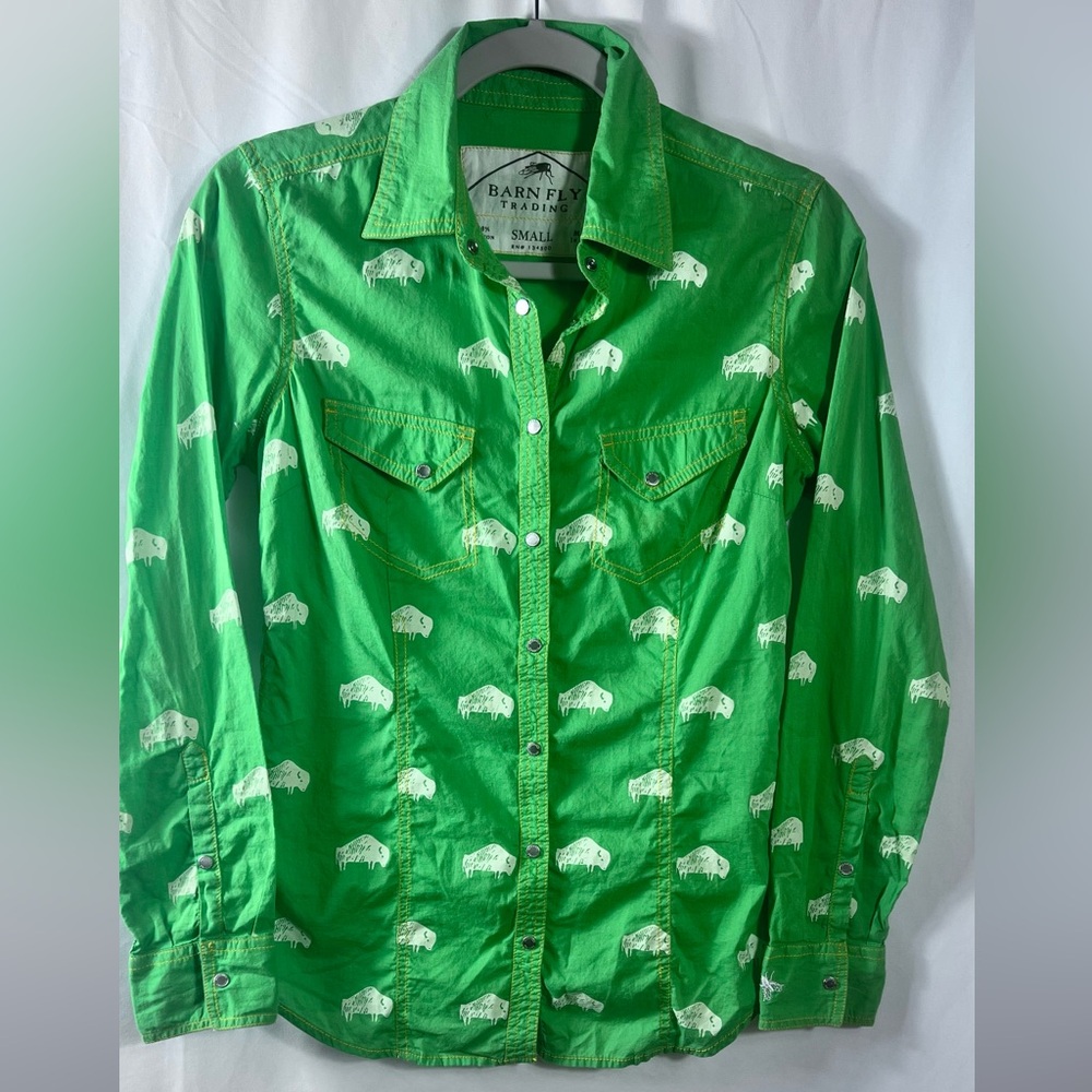 Barn Fly Green Button Down Shirt for Women Buffalo design with gold stitching